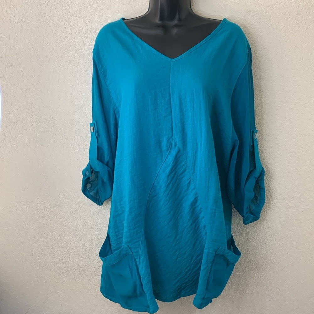 Soft Surroundings Tunic Top Size L Lagenlook Caribbean Blue Pockets Tab Sleeves